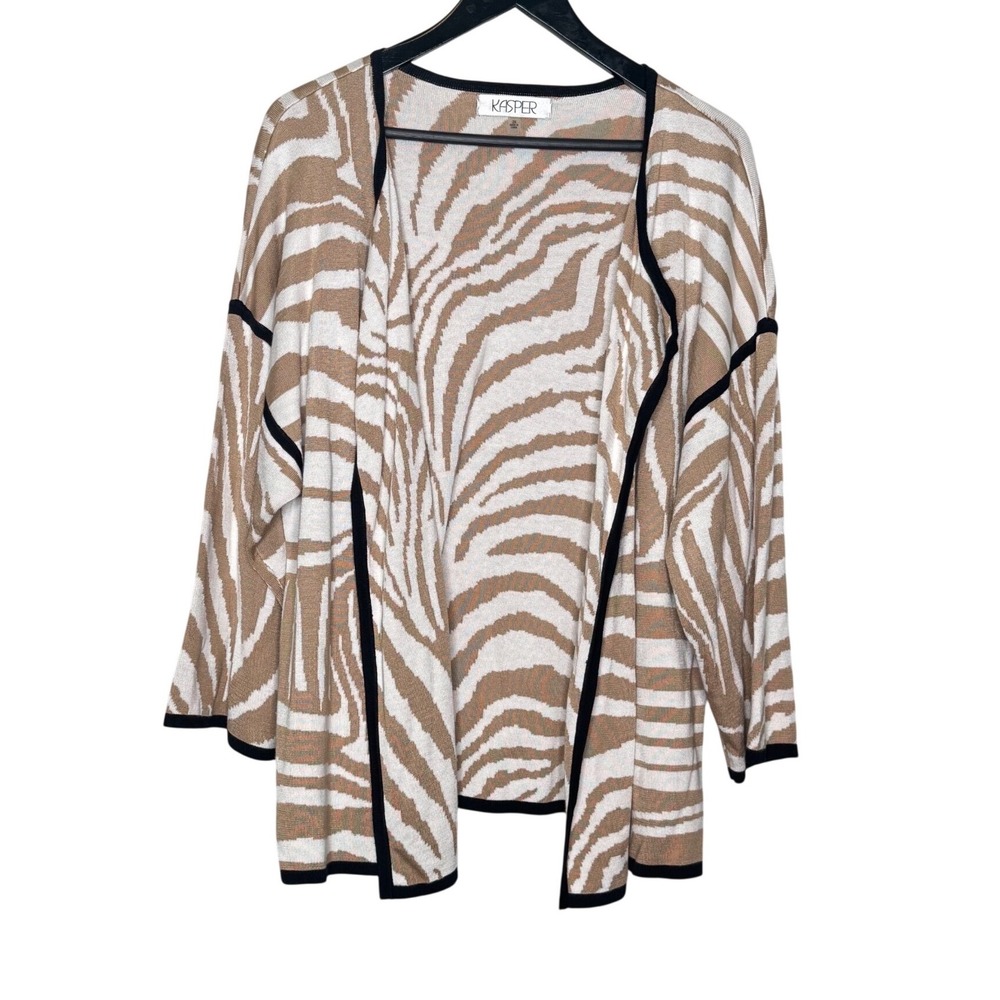 Kasper Womens 2X Zebra Print Open Front Cardigan Tan‎ Cream Black Knit Sweater